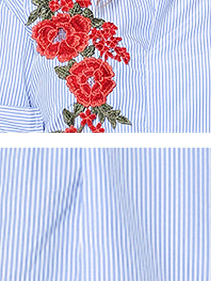 Floral Embroidery Stripe Lapel Shirt