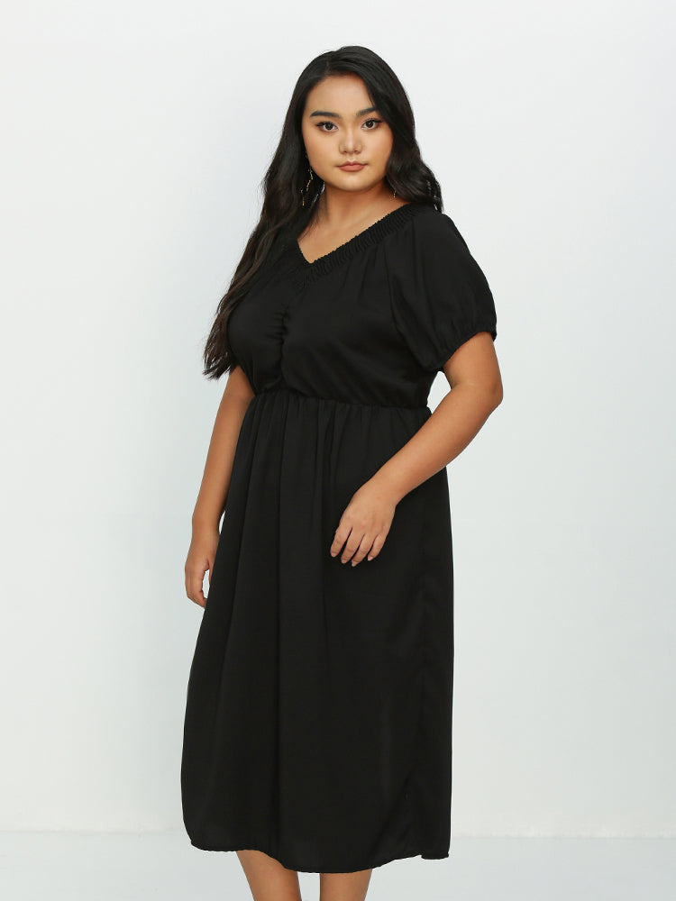 Shirred Short Sleeve Split Hem Dress