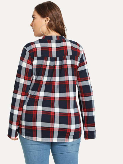 V-Neck Plaid Blouse