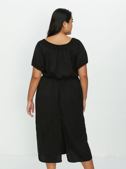 Shirred Short Sleeve Split Hem Dress