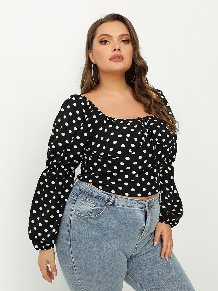 Puff Sleeve Polka Dot Crop Blouse