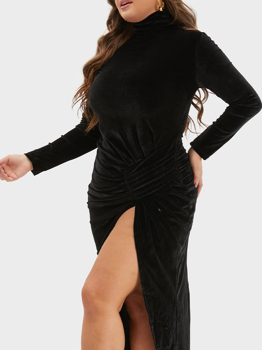 Funnel Neck Ruched Split Bodycon Dress