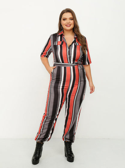 Color Striped Lapels Jumpsuit