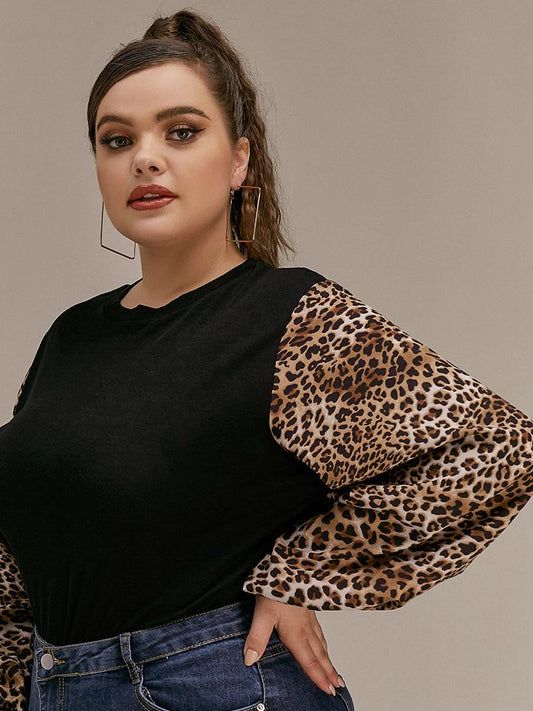 Leopard Print Sleeve Stitching T-shirt