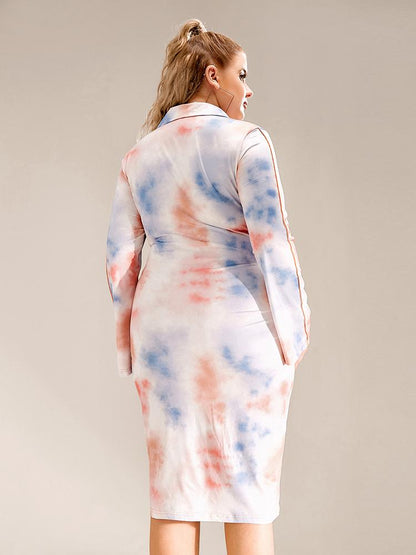 Tie Dye Split Hem Lapel Collar Dress