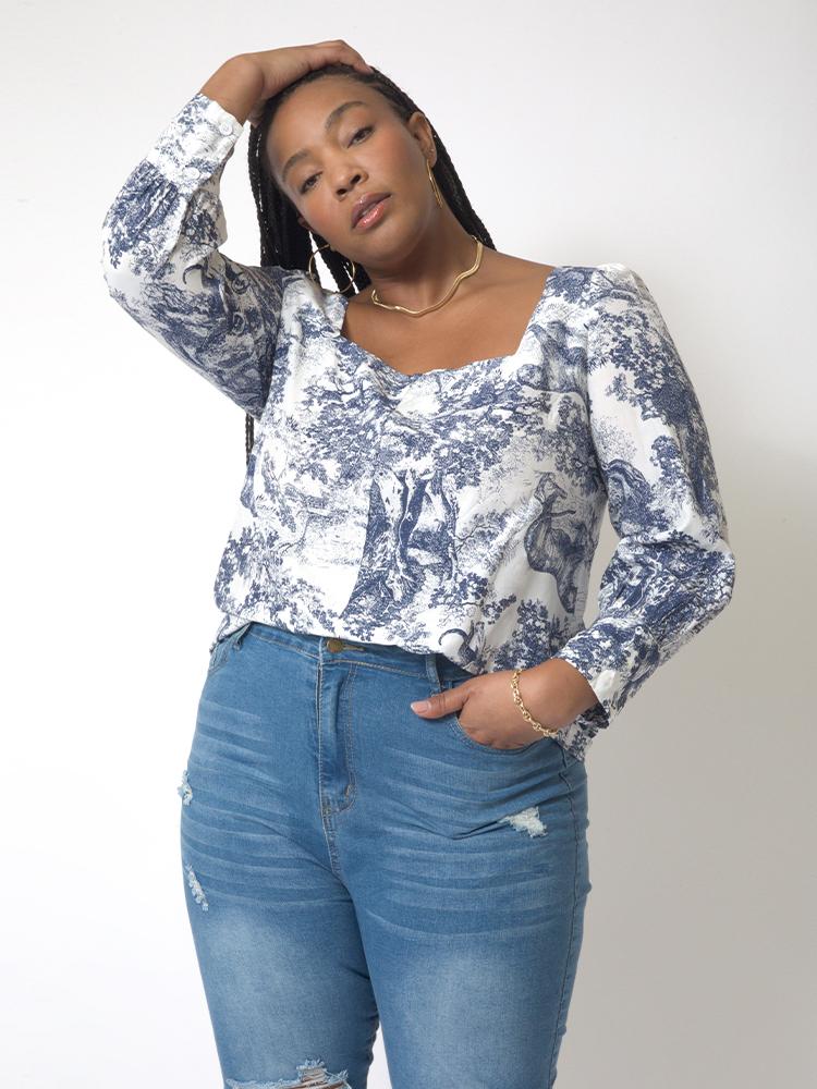 Animal And Plant Printed Square Neck Top