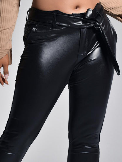 Belt Solid Color PU Pants