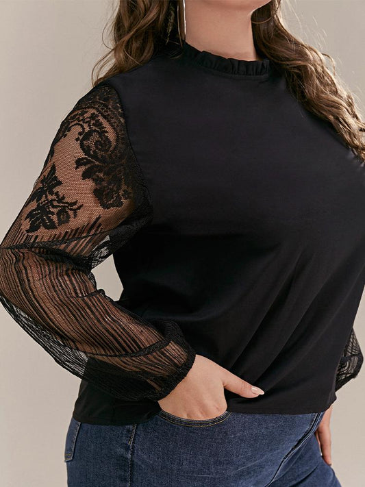 Floral Mesh Paneled Ruffled Top