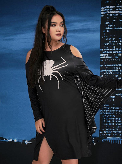 Halloween Spider Slit Cold Shoulder Dress