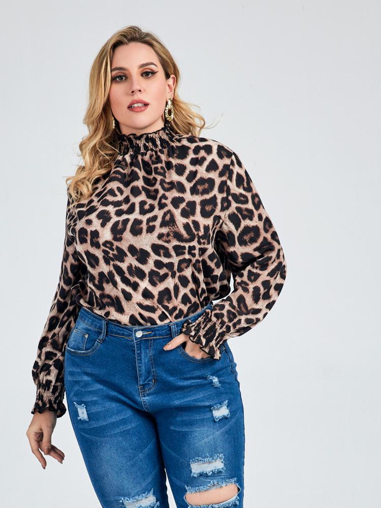 Leopard Shirred High Collar Blouse