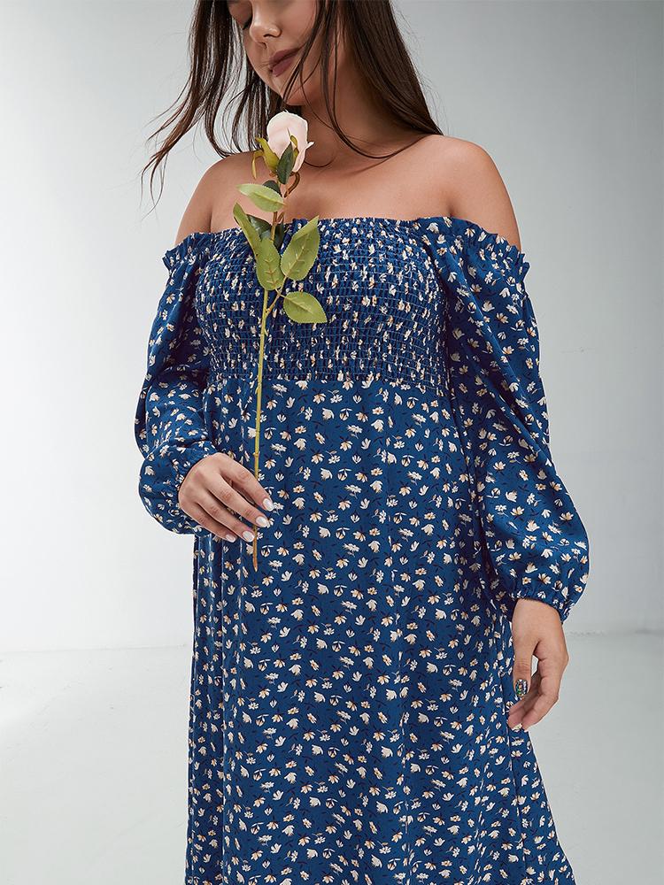Ditsy Shirred Off Shoulder Maxi Dress
