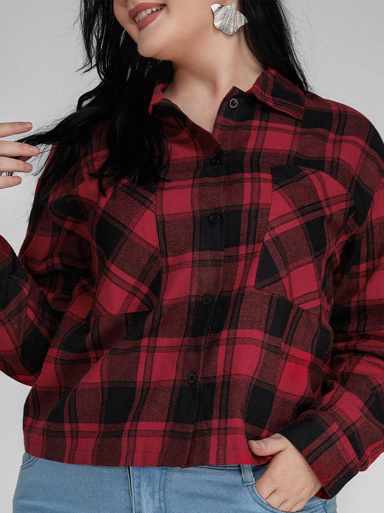 Plaid Pocket Lapel Collar Blouse