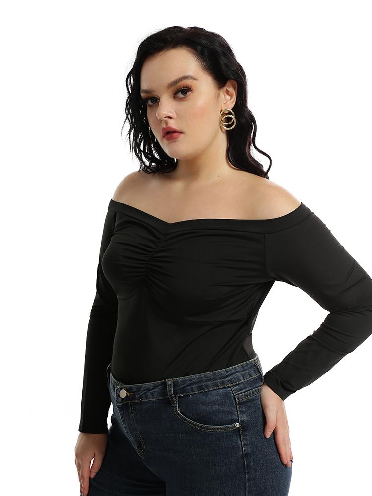 Deep V-neck Long-sleeved Smocking T-shirt