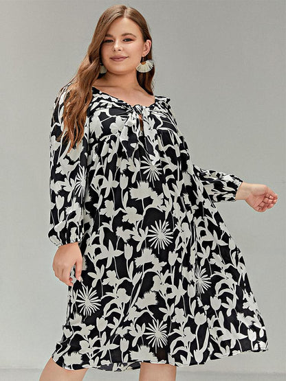 Floral Knotted V-Neck Long Sleeve Dress