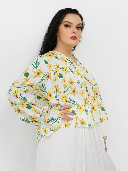 Floral Ruffle Detail V-neck Top