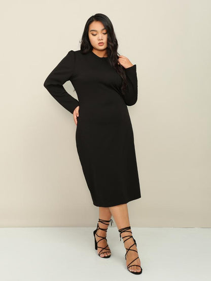 Solid Long Sleeve Round Neck Dress