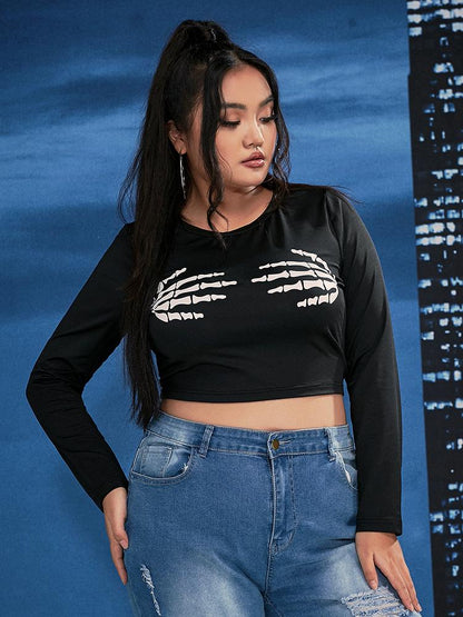 Skull Paw Print Long-sleeved Crop T-shirt