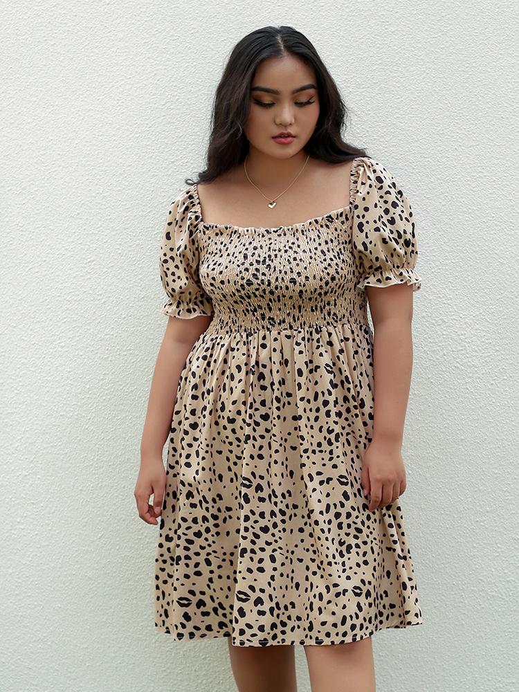 Leopard Shirred Square Collar Dress