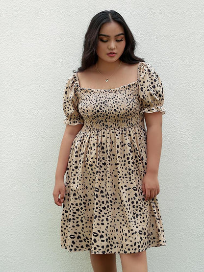 Leopard Shirred Square Collar Dress