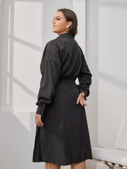 Solid Button Split Shirt Dress