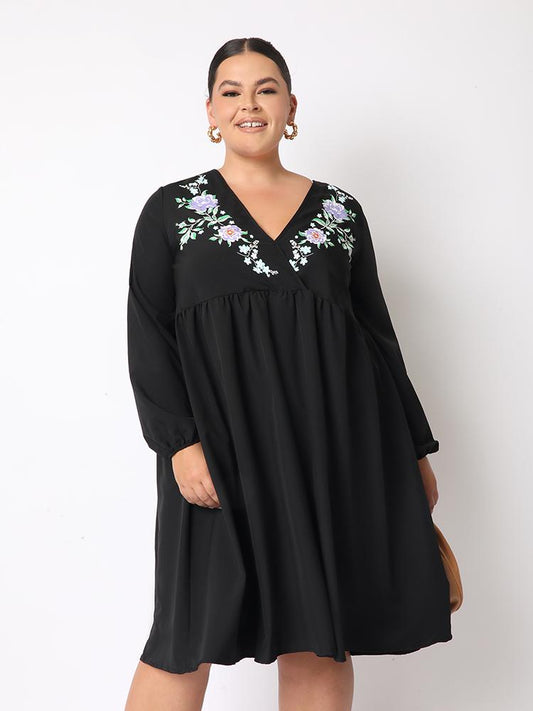 Floral Pleated Loose V-neck Dress