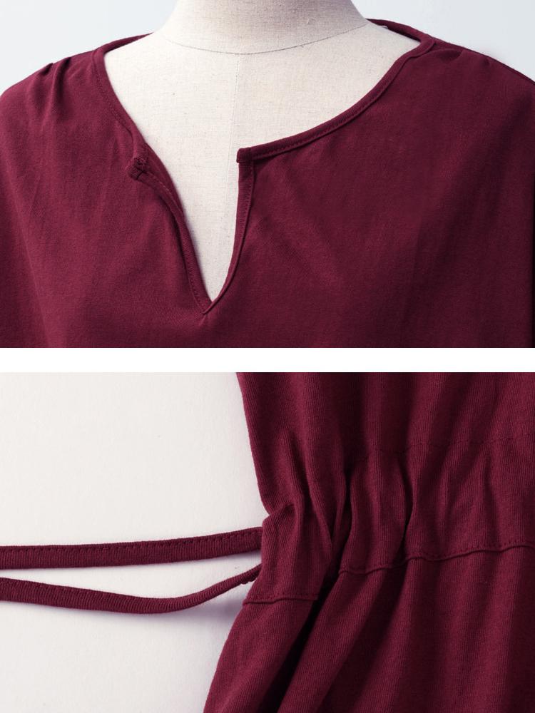 Elastic Waist V-neck Solid Color Dress