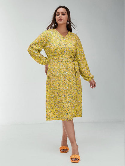 Ditsy Button Through Long Sleeve Dress