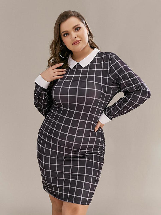 Plaid Lapel Collar Bodycon Dress