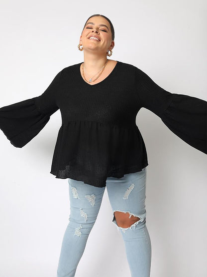 Solid Flared Sleeve Loose Top