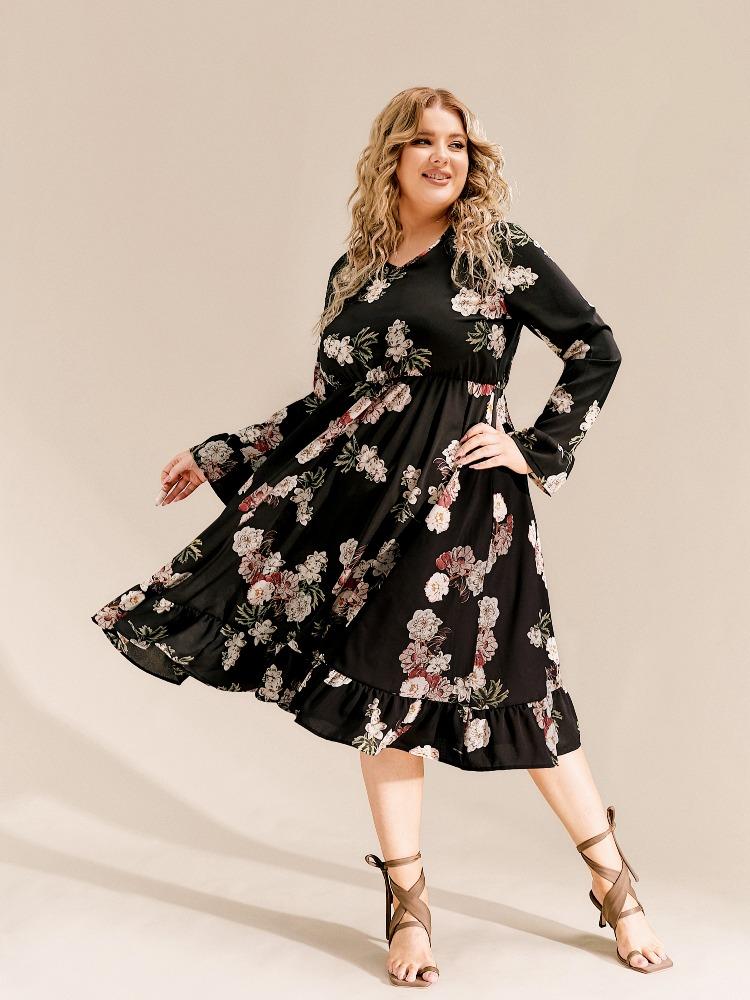 Floral Ruffled Long Sleeve V-Neck Dress