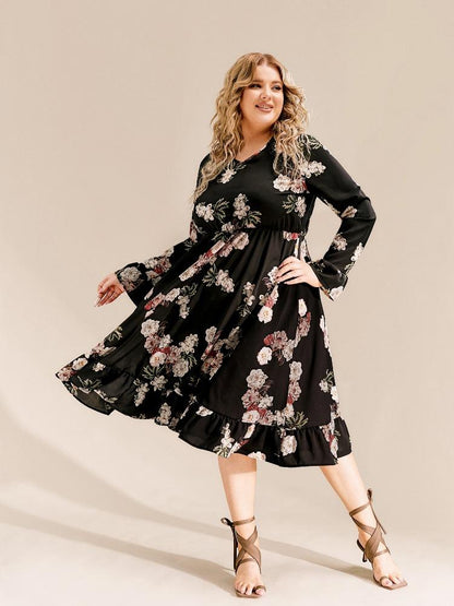 Floral Ruffled Long Sleeve V-Neck Dress