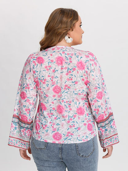 Ethnic Floral Lace Up Blouse