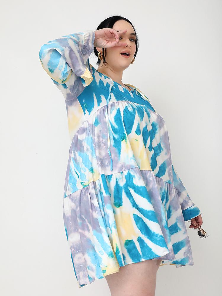 Tie Dye Flared Sleeve Loose Dress