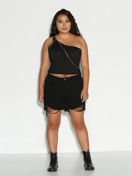 Zipper Ring One Shoulder Top