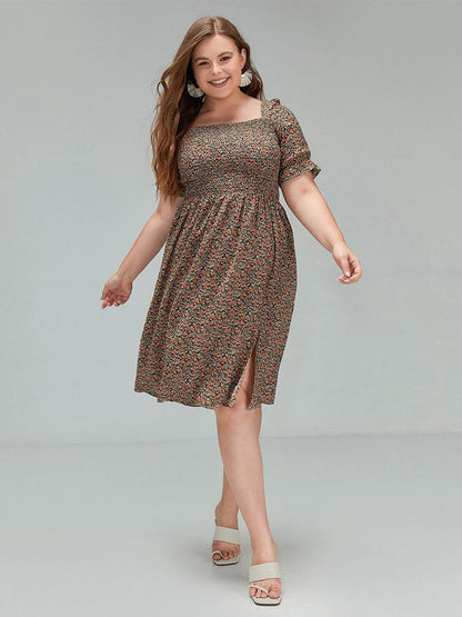 Ditsy Slit Smocking Dress