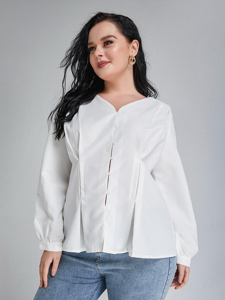 Solid Button Puff Sleeve Blouse