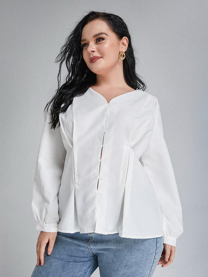 Solid Button Puff Sleeve Blouse