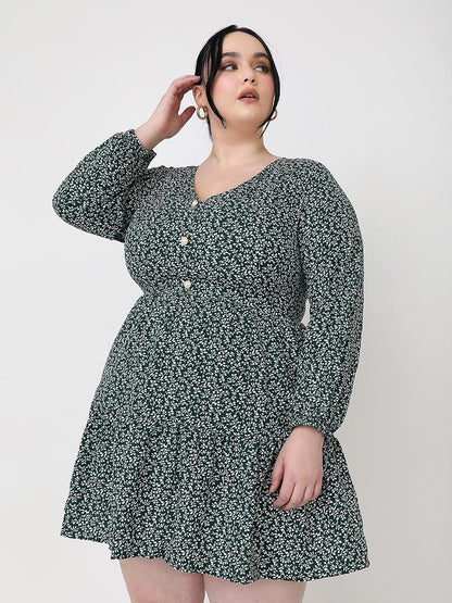 Floral V-Neck Ruffle Hem Dress