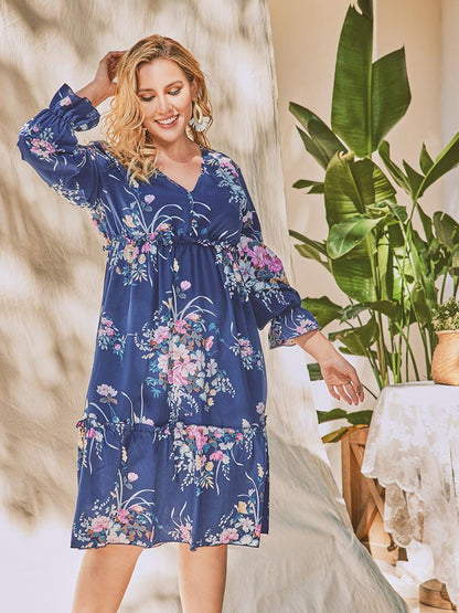 Floral Printed V-neck Midi Dress