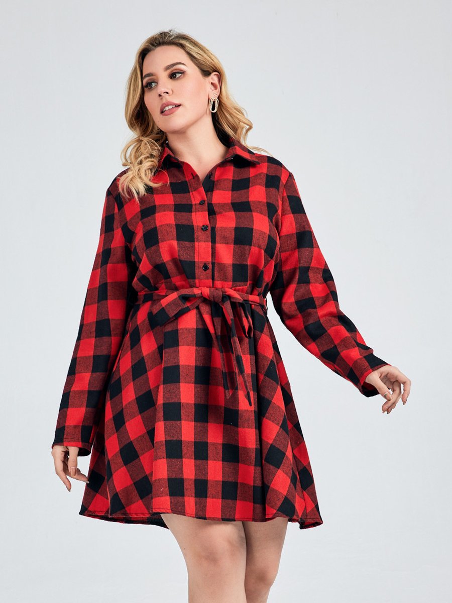Plaid Belt Lapel Dress