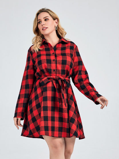 Plaid Belt Lapel Dress