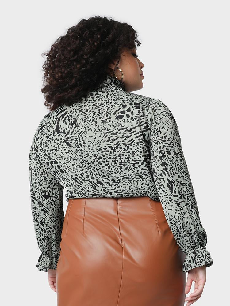 Leopard Shirred High Neck Blouse