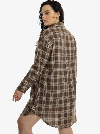 Plaid Curved Hem Shirt Dress