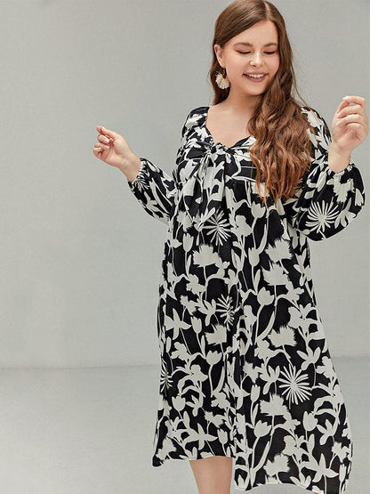 Floral Knotted V-Neck Long Sleeve Dress