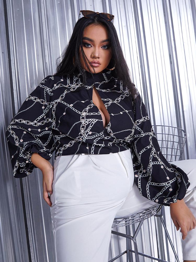 Chain Print Lantern Sleeve Keyhole Blouse