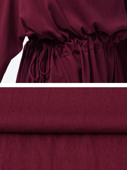 Elastic Waist V-neck Solid Color Dress