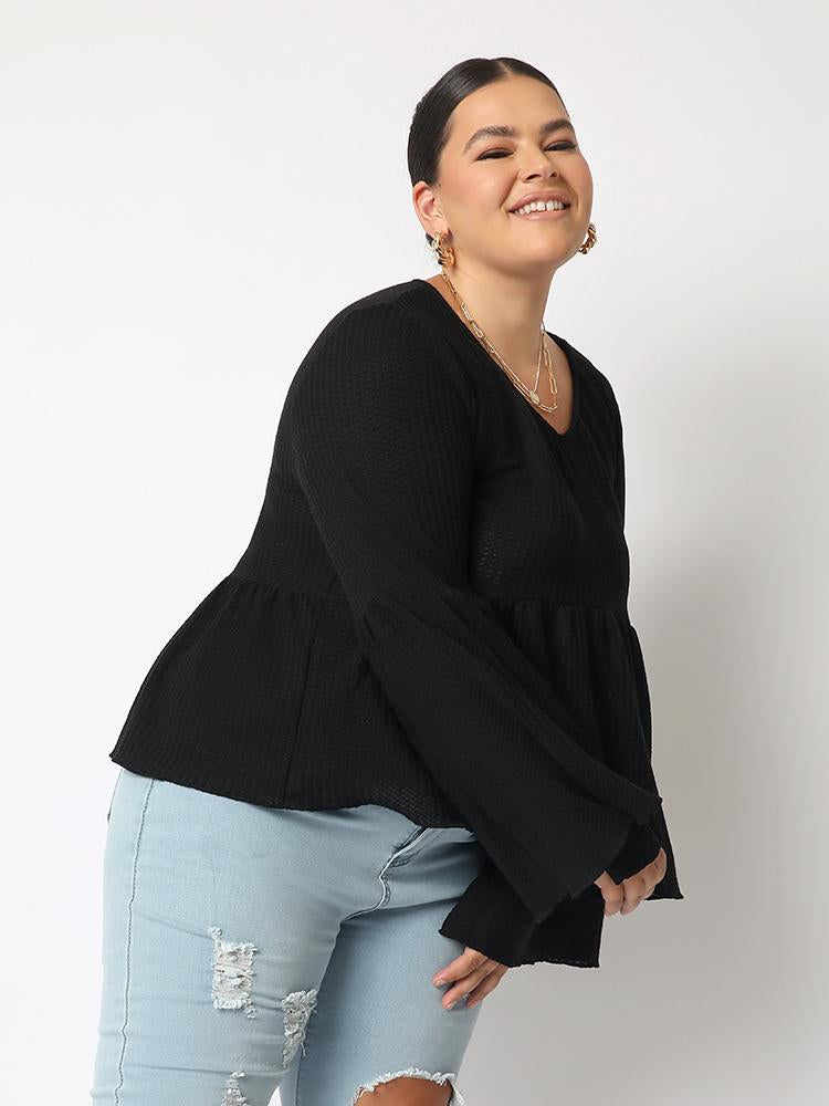 Solid Flared Sleeve Loose Top