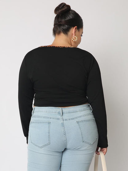 Leopard Detail Long-sleeved Crop T-shirt