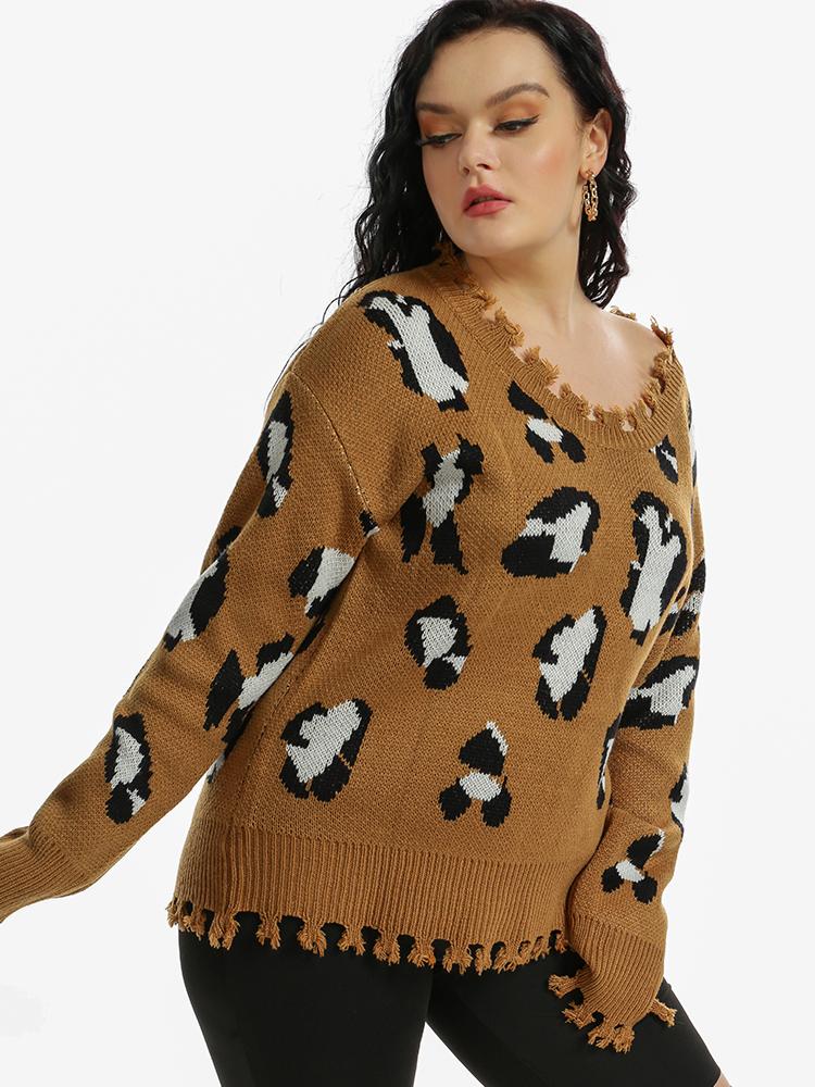 Leopard Print Irregular Edge V-Neck Sweater