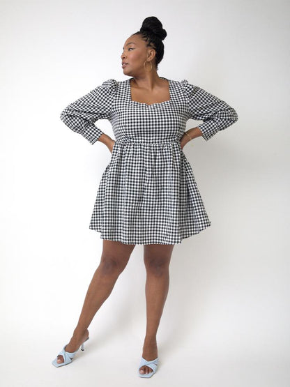 Plaid Puff Sleeve Square Neck Dress